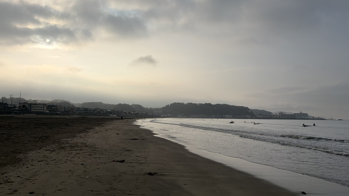 朝の海とサーファーたち